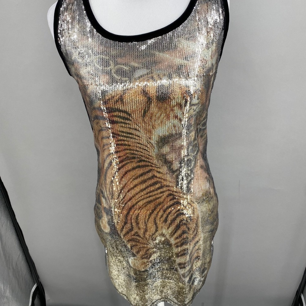 Vintage TATU Tiger Sequin Velvet Mini Dress Womens 1 Sm Black Animal Print Y2K